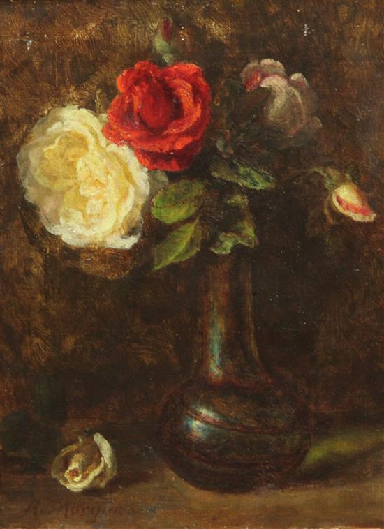 Alfred Morgan (Exh.1880-1917) Still lifes of flowers in vases, 12.5 x 9.5in. & 10 x 13.5in., unframed